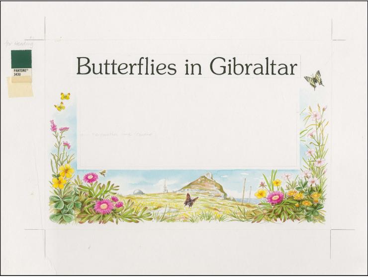 Original watercolour artwork by Roger Gorringe as used for border of m/sheet on board with lettering, image size 270 x 160