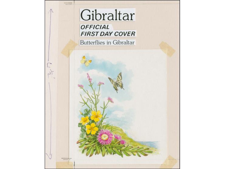 Original watercolour artwork by Roger Gorringe as used for Official First Day Cover (without Rock in background) on board wit