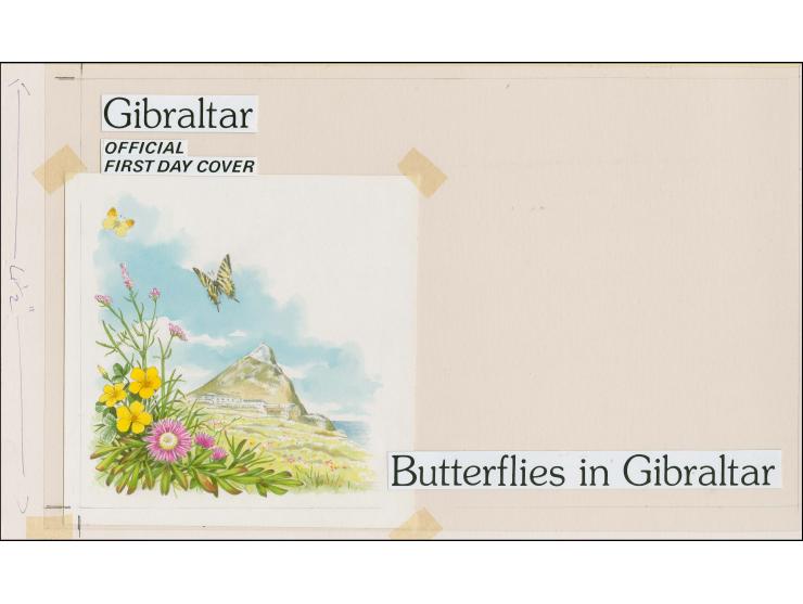 Original watercolour artwork by Roger Gorringe as used for Official First Day Cover (with Rock in background) on board with p