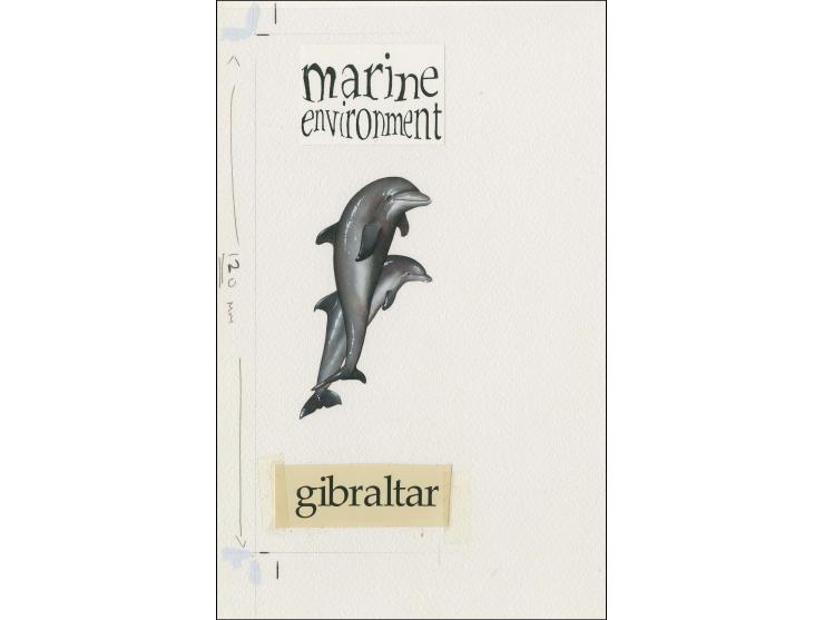 Dolphins - Original watercolour artwork for First Day Cover by Lee Montgomery on board with overlay for lettering, overall im