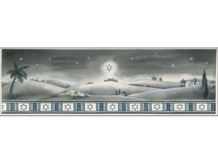 Original watercolour artwork by Petula Stone as used for Presentation Pack on board 230 x 70 with paper overlay with technica
