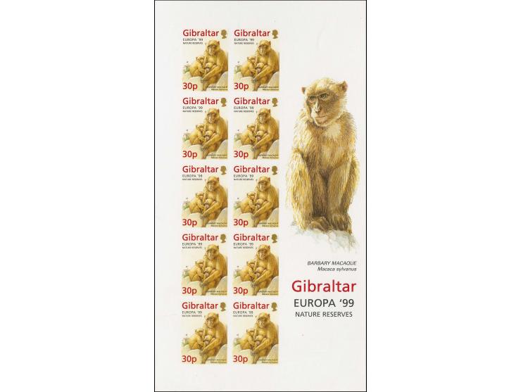 Barbary Macaque 30p, two imperf proof sheets of 10 in issued colours mounted on Cartor presentation card, as issued but with 
