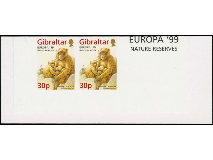 Barbary Macaque 30p imperf pair in issued colours mounted on part Cartor presentation card with Europa 99 in margin, as issue