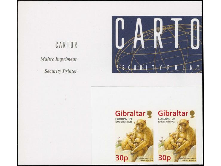 Barbary Macaque 30p imperf pair in issued colours mounted on part Cartor presentation card with Printer«s header, as issued b