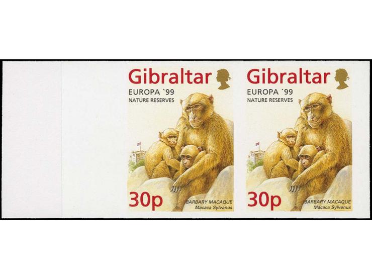 Barbary Macaque 30p imperf two pairs in issued colours mounted on part Cartor presentation card, as issued but with capital S