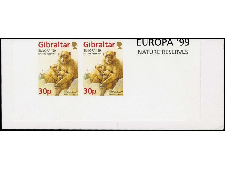 Barbary Macaque (inscribed Barbary Ape and capital S in Sylvanus) 30p imperf pair in issued colours mounted on part Cartor pr