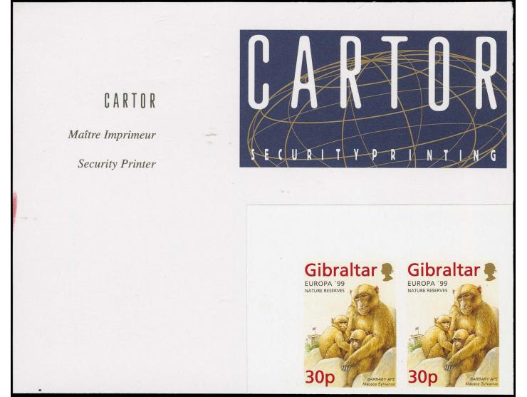 Barbary Macaque (inscribed Barbary Ape and capital S in Sylvanus) 30p imperf pair in issued colours mounted on part Cartor pr