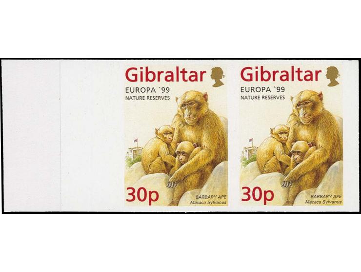 Barbary Macaque (inscribed Barbary Ape and capital S in Sylvanus) 30p imperf, two pairs in issued colours mounted on part Car