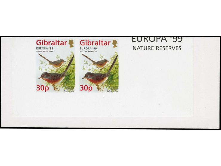 Dartford Warbler 30p, two imperf pairs in issued colours mounted on part Cartor presentation card with Europa 99 in margin