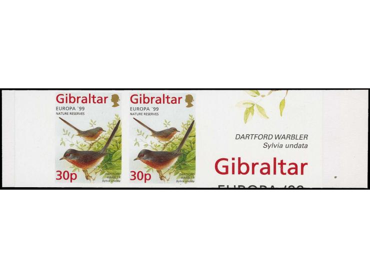 Dartford Warbler 30p, two imperf pairs in issued colours mounted on part Cartor presentation card with Gibraltar in margin