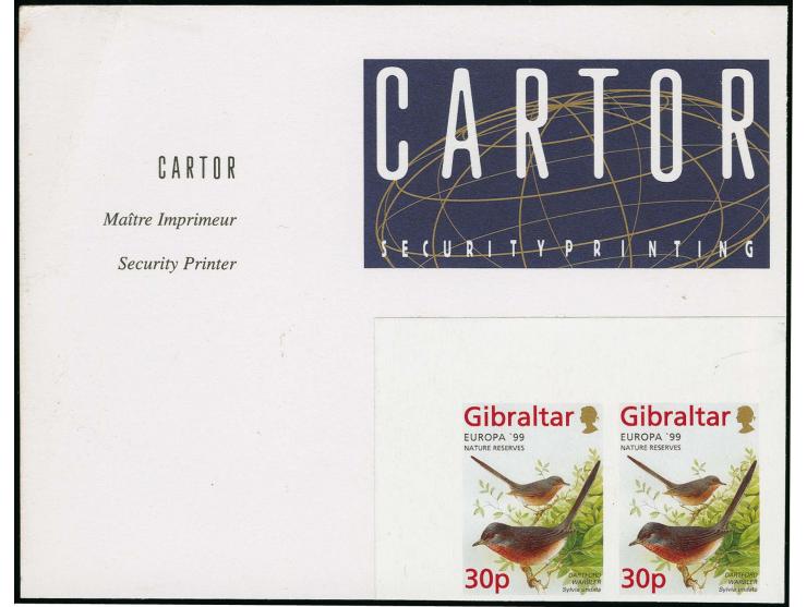 Dartford Warbler 30p, two imperf pairs in issued colours mounted on part Cartor presentation card with Printer«s header