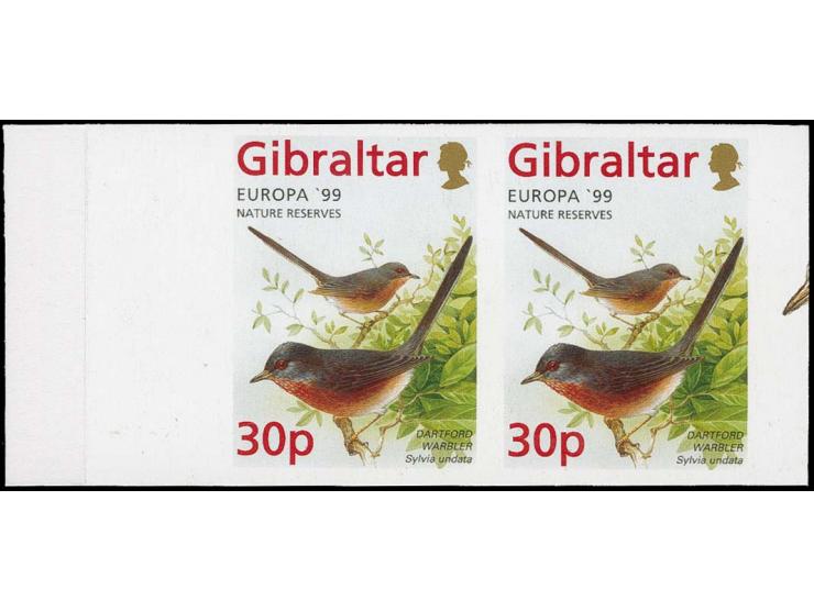 Dartford Warbler 30p, four imperf pairs in issued colours mounted on part Cartor presentation card