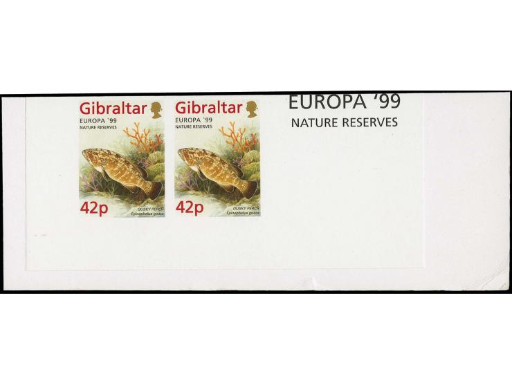 Dusky Perch 42p imperf pair in issued colours mounted on part Cartor presentation card with Europa 99 in margin