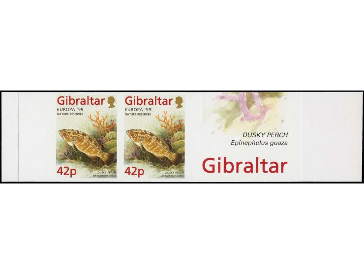 Dusky Perch 42p imperf pair in issued colours mounted on part Cartor presentation card with Gibraltar in margin