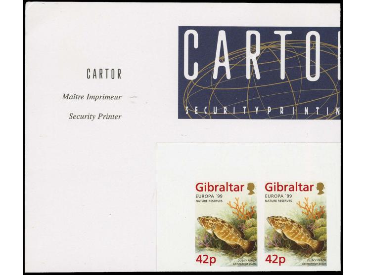 Dusky Perch 42p imperf pair in issued colours mounted on part Cartor presentation card with Printer«s header