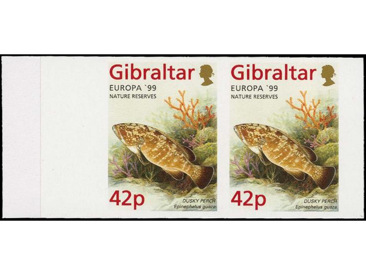 Dusky Perch 42p, two imperf pairs in issued colours mounted on part Cartor presentation card