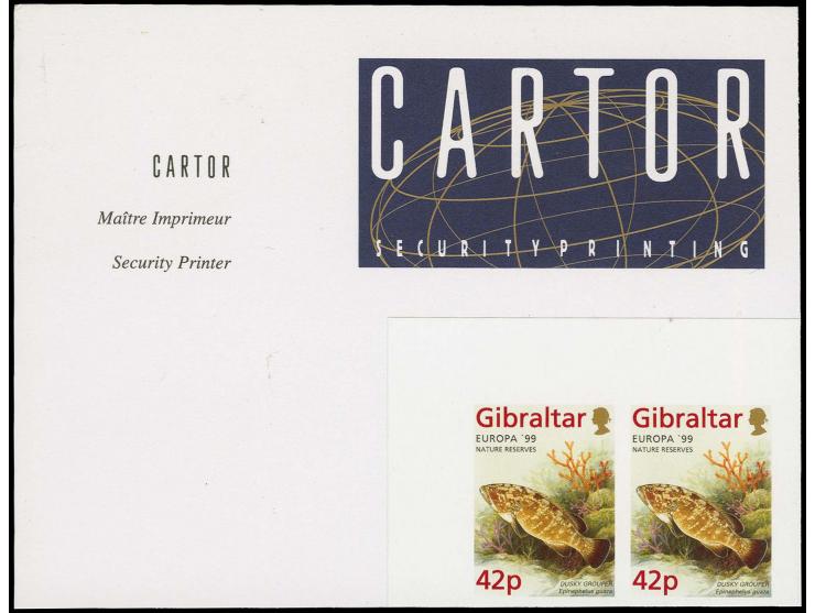 Dusky Perch 42p imperf pair in issued colours colours except inscribed Grouper mounted on part Cartor presentation card with 