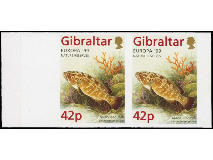 Dusky Perch 42p, two imperf pairs in issued colours colours except inscribed Grouper mounted on part Cartor presentation card