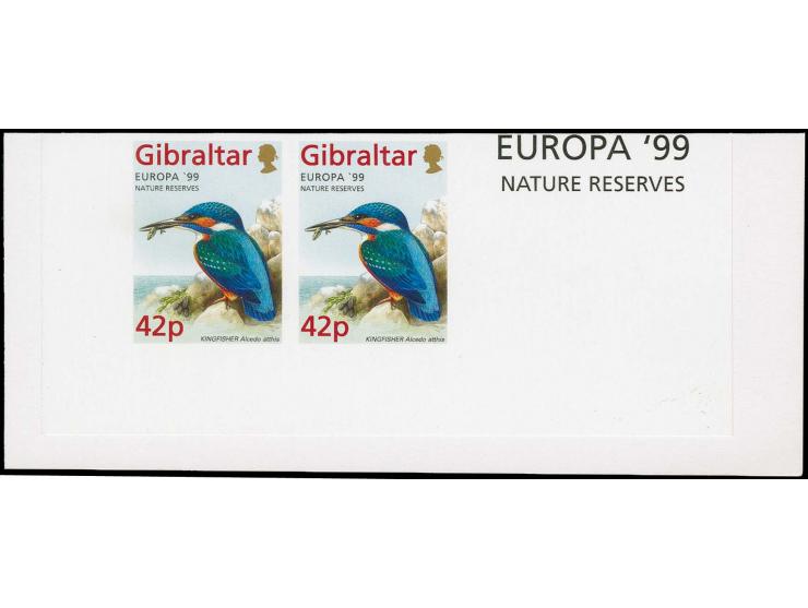 Kingfisher 42p two imperf pairs in issued colours mounted on part Cartor presentation card with Europa 99 in margin.