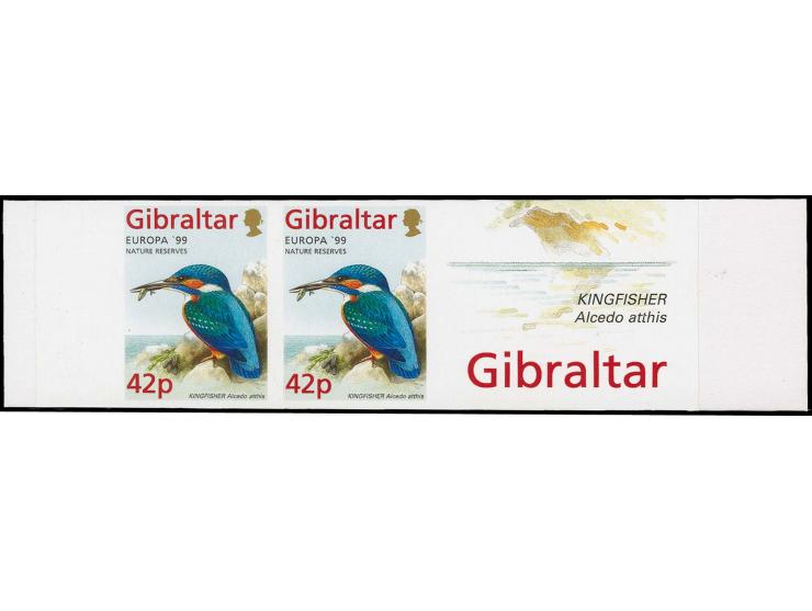 Kingfisher 42p, two imperf pairs in issued colours mounted on part Cartor presentation card with Gibraltar in margin