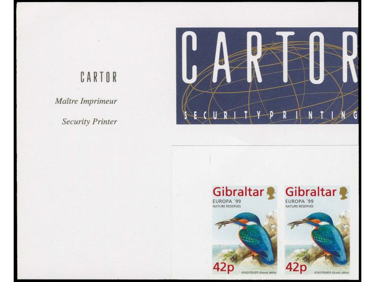 Kingfisher 42p, two imperf pairs in issued colours mounted on part Cartor presentation card with Printer«s header