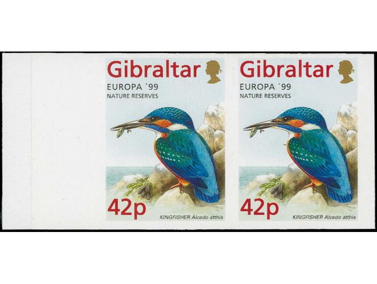 Kingfisher 42p, four imperf pairs in issued colours mounted on part Cartor presentation card