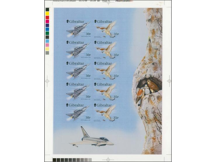 Imperf Cromalin essay proof sheet by Cartor containing 5 se-tenant pairs with a pale background showing the Eurofighter (desc