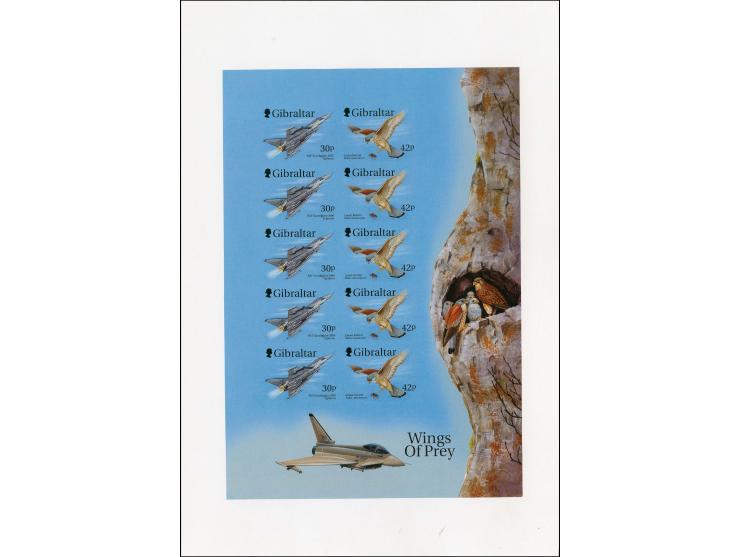 Imperf proof sheet containing 5 se-tenant pairs in issued colours showing the Eurofighter & Kestrel, mounted at the top on pl
