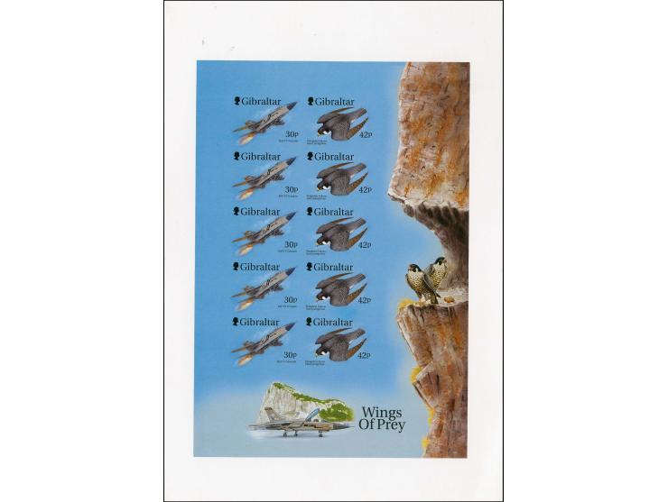 Imperf proof sheet containing 5 se-tenant pairs in issued colours showing the Tornado & Peregrine Falcon, mounted at the top 