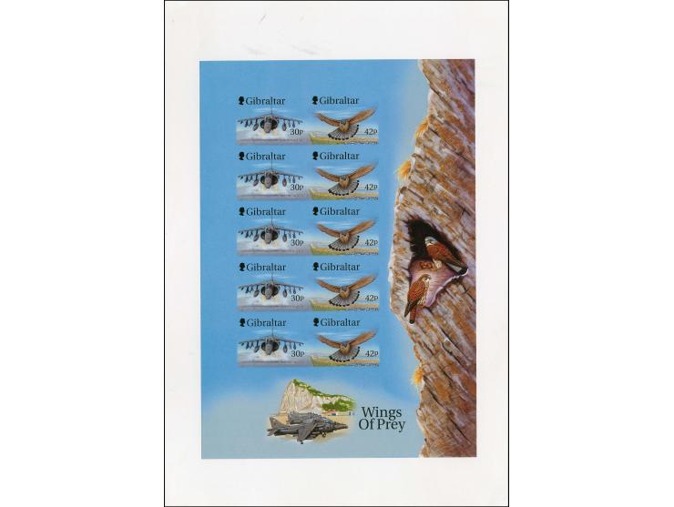 Imperf proof sheet containing 5 se-tenant pairs in issued colours showing the Harrier & Kestrel, mounted at the top on plain 