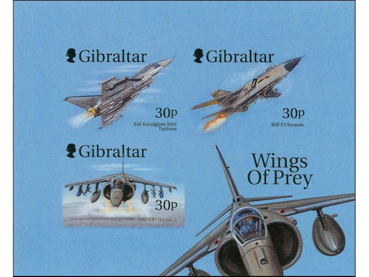 Imperf proof m/sheet containing the 3 x 30p Aircraft in issued colours mounted on Cartor presentation card with issued m/shee