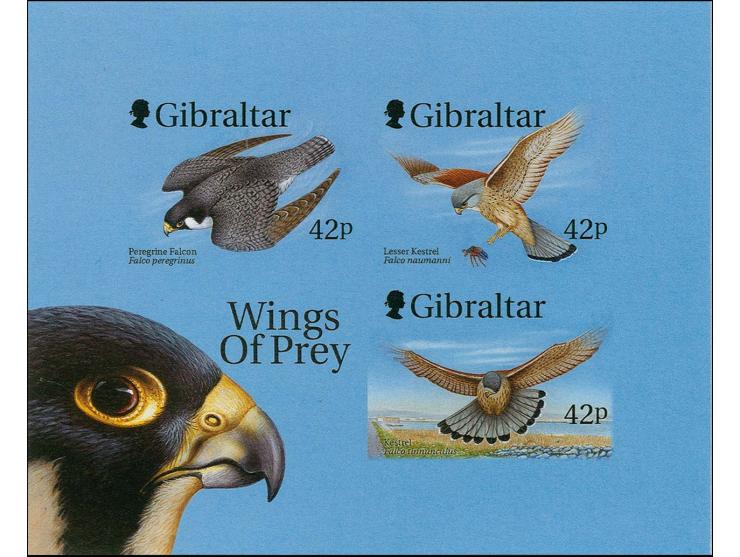 Imperf proof m/sheet containing the 3 x 42p Birds in issued colours mounted on Cartor presentation card with issued m/sheet