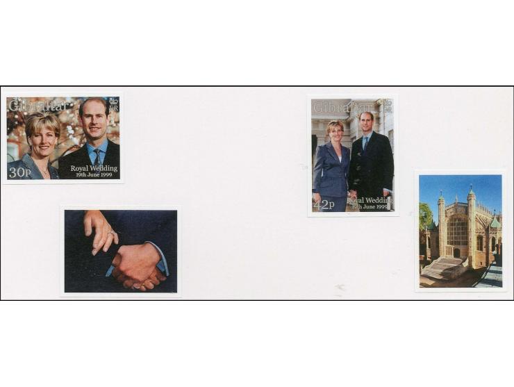 Two imperf proofs of 30p & 42p in issued colours plus two labels mounted on Cartor presentation card