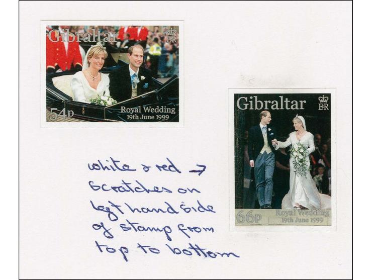 Imperf proofs of 54p & 66p in issued colours mounted on Cartor presentation card with note referring to scratches on 66p valu