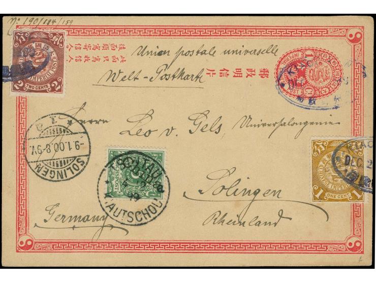 1898/1906, Coiling Dragon 1 c. ochre and 2 c. red (oxidized) tied by blue oval dater "KIACHOW DEC.2.12.1899" to postal statio