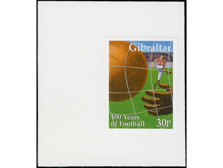 Football 30p essay, two proofs mounted on small card, similar to issued stamp but without the Queen‘s silhouette and missing 