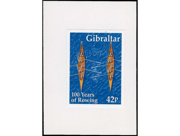 Rowing 42p essay, two proofs mounted on small card, similar to issued stamp but without the Queen‘s silhouette and missing th