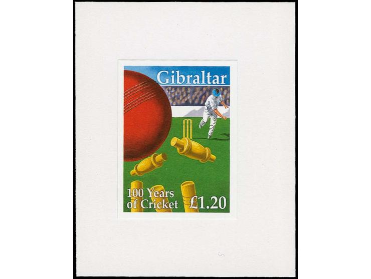 Cricket £1.20 essay, two proofs mounted on small card, similar to issued stamp but without the Queen‘s silhouette and missing