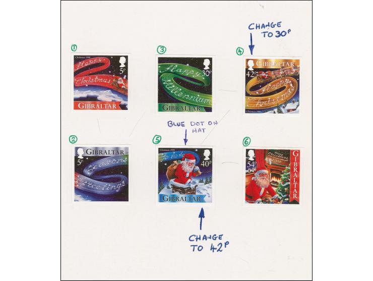 Imperf proof set of 6 as issued except one 30p value is shown as 42p and 42p value is shown as 40p, with appropriate ink nota