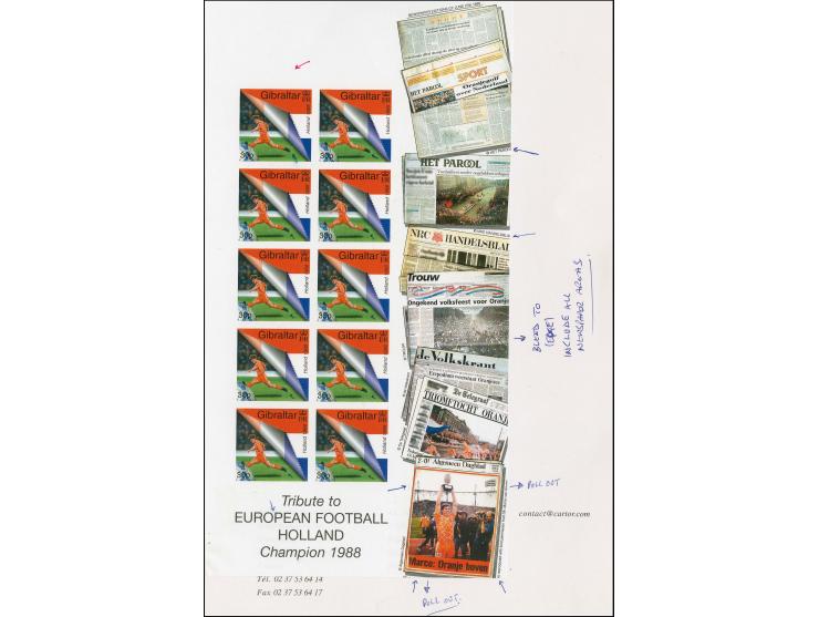 Dutch Player & Flag 30p imperf proof sheet of 10 as issued except without imprint date mounted on Cartor presentation card wi