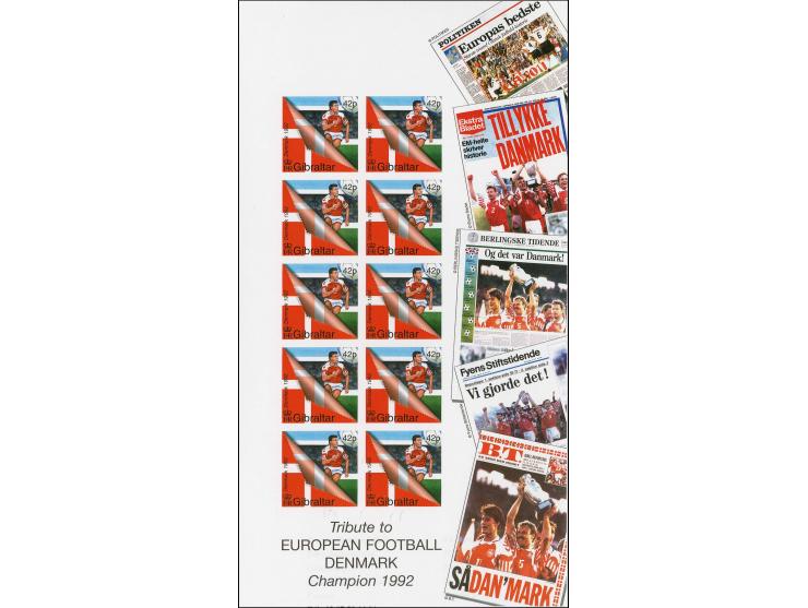 Danish Player & Flag 42p imperf proof sheet of 10 as issued except without imprint date mounted on Cartor presentation card