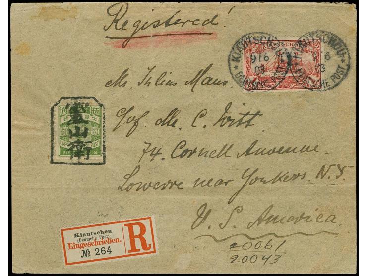 1902, litho 50 c. green tied by Tombstone to registered Maus cover with Kiautschou 1 m. red with cancel "KIAUTSCHOU 9.6.03" v