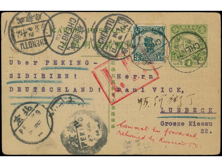 1912, postcard 1 c. green with additonal franking Junk 3 c. green and cds. "CHENTU 8.JUL.14"  to Germany with Russian censors