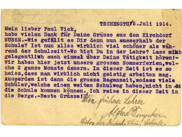 1912, postcard 1 c. green with additonal franking Junk 3 c. green and cds. "CHENTU 8.JUL.14"  to Germany with Russian censors