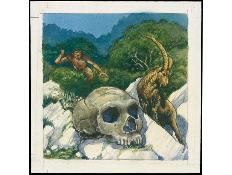 Neanderthal Hunting Goat & Skull - Original water colour artwork by Christian Hook (Design by Stephen Perera) as used for 5p 