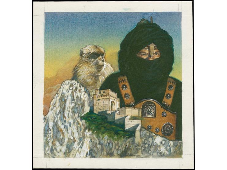 Arab, Ape & Moorish Castle - Original water colour artwork by Christian Hook (Design by Stephen Perera) as used for 5p design