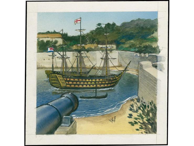 HMS Victory - Original water colour artwork by Christian Hook (Design by Stephen Perera) as used for 30p design, on card imag