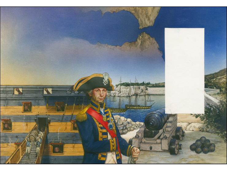 Trafalgar - Original water colour artwork by Christian Hook (Design by Stephen Perera) as used for background of booklet pane