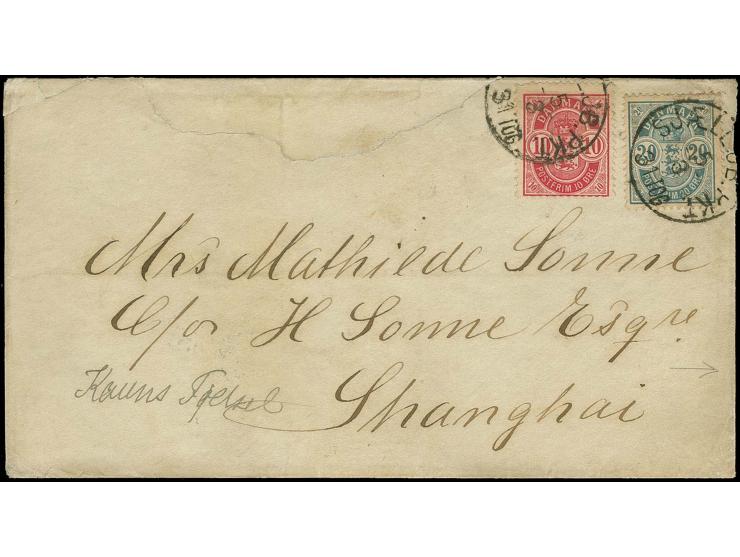 1888, cover from Denmark to Shanghai, franked with 1884, 10 o. and 20 o., arrival marks of German and Shanghai local post on 