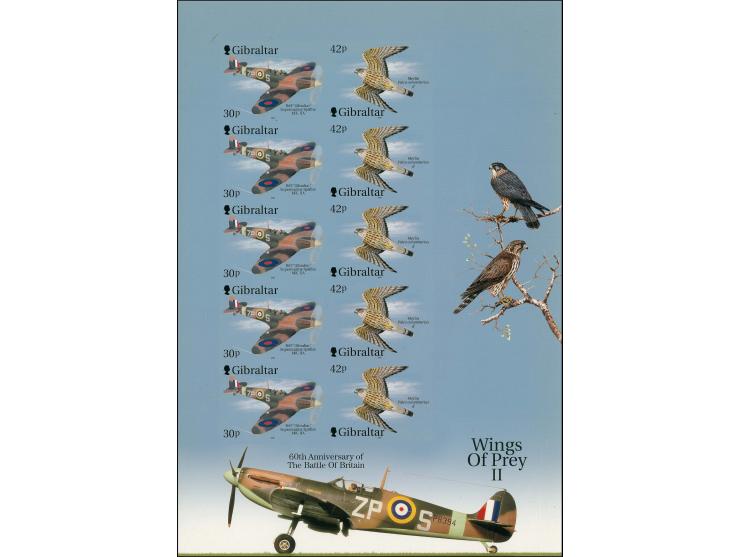 Imperf Cromalin proof sheet containing 5 se-tenant pairs showing the Spitfire 30p & male Merlin 42p, mounted on House of Ques